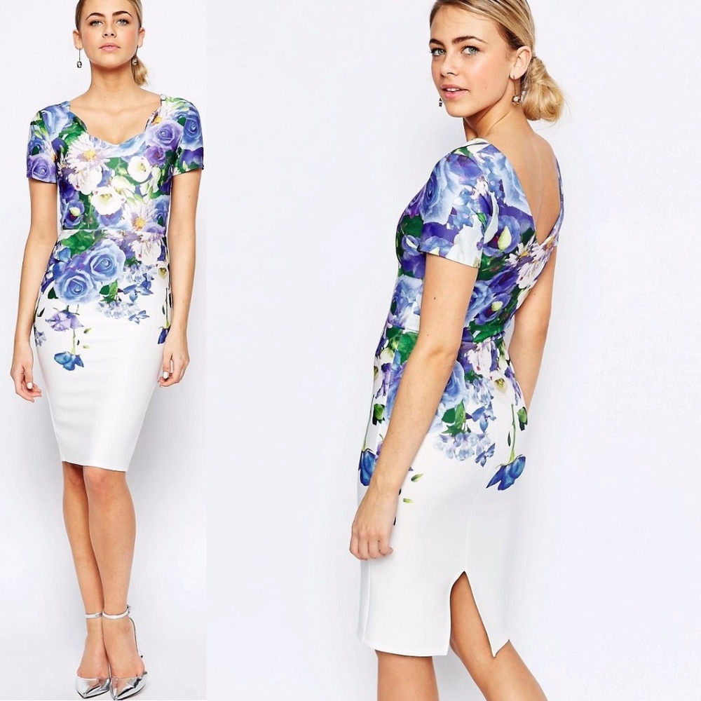 ASOS Hope and Ivy Scallop Sweetheart Neckline Floral Bloom 3D Print Pencil Dress